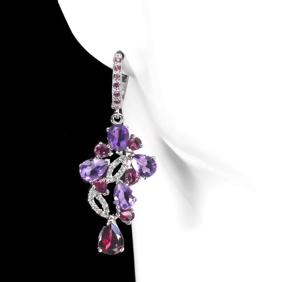 Stunning Rich Pear Faceted Red Rhodolite Garnet & Amethyst Drop Earrings - Picture 6 of 8